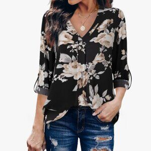 Youtalia Womens 3/4 Cuffed Sleeve Chiffon Printed V Neck Casual Blouse Shirt - S